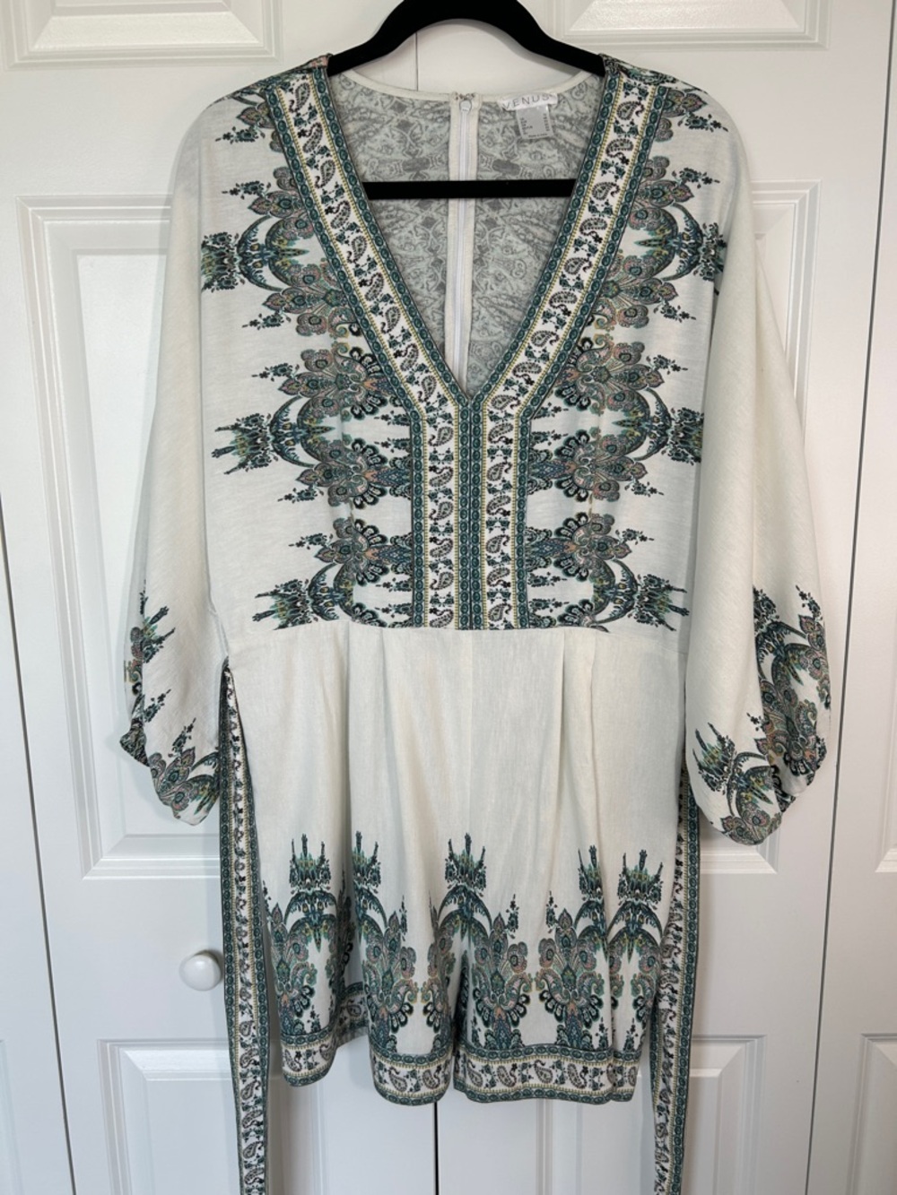 VENUS White Tunic Jumpsuit with Teal & Olive Paisley Print